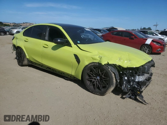 2023 BMW M3 Competition xDrive with VIN WBS43AY01PFN30318, listed as a Copart auction lot 58047995 with 34,312 mi miles and Salvage title. Bid and sale history available at DreamBid. Image 4.
