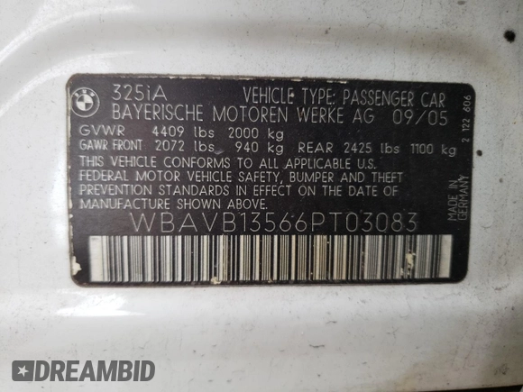 2006 BMW 3 Series 325i with VIN WBAVB13566PT03083, listed as a Copart auction lot 51169855 with Not Provided miles and Non Repairable. Bid and sale history available at DreamBid. Image 12.