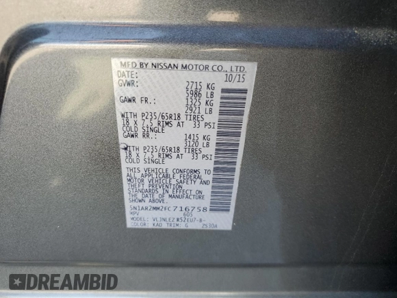 2015 Nissan Pathfinder SV with VIN 5N1AR2MM2FC716758, listed as a Copart auction lot 61843455 with 105,127 mi miles and Salvage title. Bid and sale history available at DreamBid. Image 13.