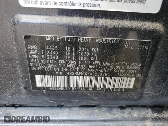 2010 Subaru Legacy Premium All-Weather Anniversary z VIN 4S3BMBC6XA3233361, wystawiony jako Copart lot #54322705 z przebiegiem 153 158 mil mil oraz Szkoda całkowita • Salvage title. Historia ofert i sprzedaży dostępna na DreamBid. Obrazek 13.