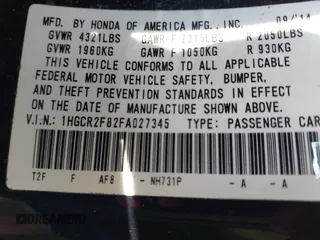 2015 Honda Accord EX-L с VIN 1HGCR2F82FA027345, выставлен на аукционе IAAI как лот 42410979 с пробегом 152 479 миль миль и . История ставок и продаж доступна на DreamBid. Изображение 9.