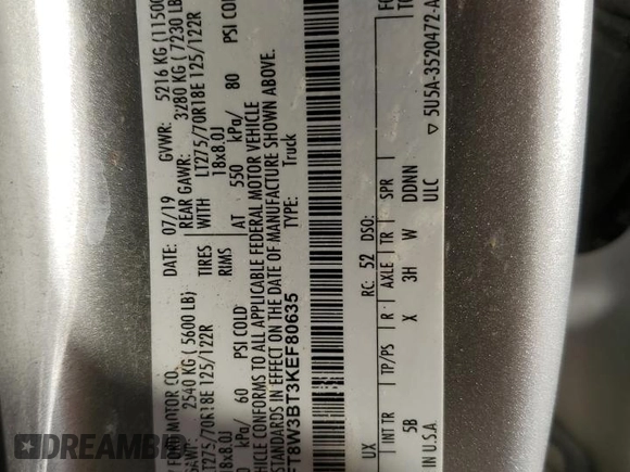 2019 Ford F-350 XL with VIN 1FT8W3BT3KEF80635, listed as a Copart auction lot 52920195 with Not Provided miles and Clean Title. Bid and sale history available at DreamBid. Image 12.