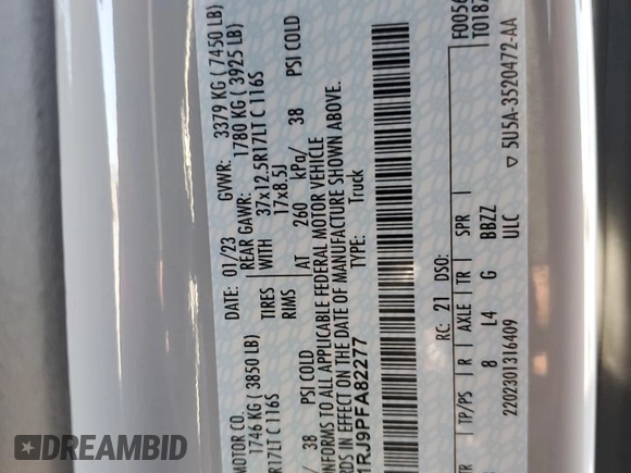 2023 Ford F-150 Raptor with VIN 1FTFW1RJ9PFA82277, listed as a Copart auction lot 86308544 with Not Provided miles and Salvage Title. Bid and sale history available at DreamBid. Image 12.