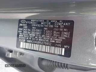 2023 Hyundai Kona SEL with VIN KM8K33AG8PU176452, listed as a IAAI auction lot 41429393 with 22,712 mi miles and . Bid and sale history available at carsss.com. Image 9.