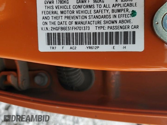 2015 Honda Civic Si z VIN 2HGFB6E51FH701373, wystawiony jako Copart lot #55479555 z przebiegiem Nie podano mil oraz Szkoda całkowita • Salvage title. Historia ofert i sprzedaży dostępna na DreamBid. Obrazek 12.