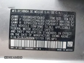 2024 Honda HR-V LX with VIN 3CZRZ2H35RM701709, listed as a IAAI auction lot 41741211 with 53,942 mi miles and . Bid and sale history available at DreamBid. Image 9.