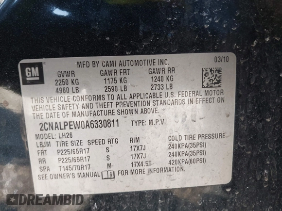 2010 Chevrolet Equinox LT w/2LT with VIN 2CNALPEW0A6330811, listed as a IAAI auction lot 41652034 with 205,302 mi miles. Bid and sale history available at carsss.com. Image 9.
