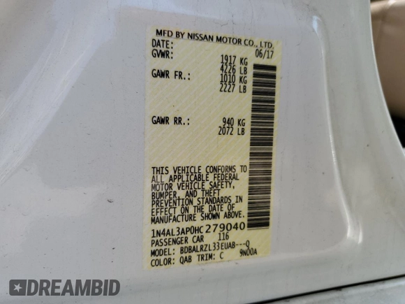 2017 Nissan Altima SL with VIN 1N4AL3AP0HC279040, listed as a Copart auction lot 59194725 with 139,401 mi miles and Salvage title. Bid and sale history available at DreamBid. Image 12.