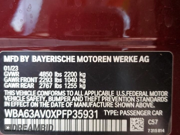 2023 BMW 4 Series 430i z VIN WBA63AV0XPFP35931, wystawiony jako Copart lot #74114894 z przebiegiem 12 836 mil mil oraz Szkoda całkowita • Salvage title. Historia ofert i sprzedaży dostępna na DreamBid. Obrazek 14.