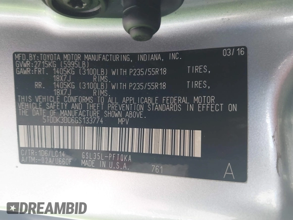 2016 Toyota Sienna Ltd with VIN 5TDDK3DC6GS133774, listed as a IAAI auction lot 41580518 with 247,193 mi miles. Bid and sale history available at carsss.com. Image 9.
