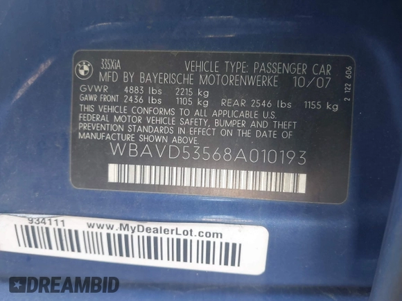 2008 BMW 3 Series 335xi with VIN WBAVD53568A010193, listed as a IAAI auction lot 41664727 with 153,526 mi miles. Bid and sale history available at carsss.com. Image 9.