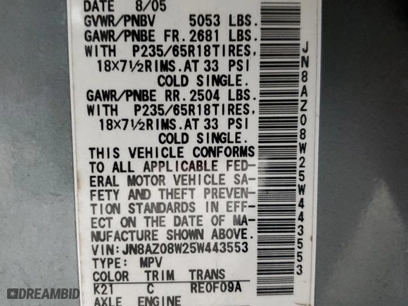 2005 Nissan Murano SL with VIN JN8AZ08W25W443553, listed as a Copart auction lot 87277484 with 197,668 mi miles and Salvage Title. Bid and sale history available at carsss.com. Image 14.