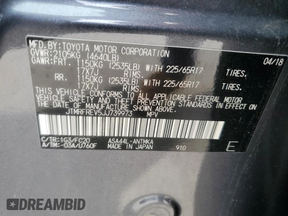 2018 Toyota RAV4 XLE with VIN JTMRFREV5JJ739973, listed as a Copart auction lot 54490225 with 65,807 mi miles and Salvage Title. Bid and sale history available at DreamBid. Image 13.
