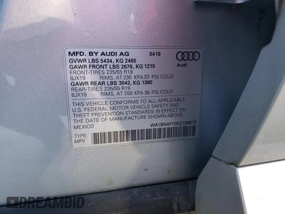 2019 Audi Q5 Premium Plus with VIN WA1BNAFY0K2106673, listed as a Copart auction lot 71876092 with 35,613 mi miles. Bid and sale history available at carsss.com. Image 13.