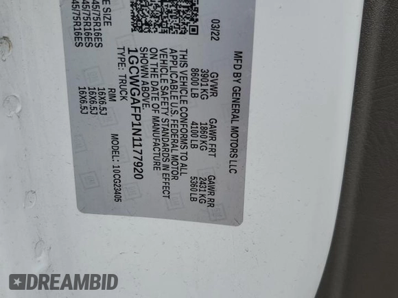2022 Chevrolet Express Cargo with VIN 1GCWGAFP1N1177920, listed as a Copart auction lot 55304995 with 42,656 mi miles and Salvage title. Bid and sale history available at DreamBid. Image 13.