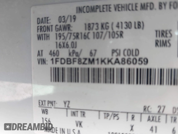 2019 Ford Transit with VIN 1FDBF8ZM1KKA86059, listed as a IAAI auction lot 42434134 with 82,668 mi miles and . Bid and sale history available at DreamBid. Image 9.