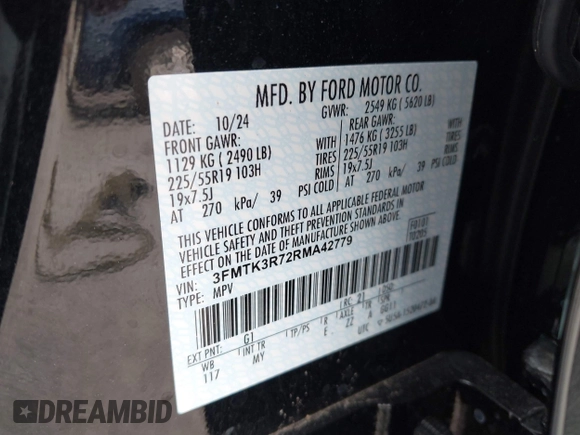 2024 Ford Mustang Mach-E Premium z VIN 3FMTK3R72RMA42779, wystawiony jako IAAI lot #42099121 z przebiegiem 1 791 mil mil oraz . Historia ofert i sprzedaży dostępna na DreamBid. Obrazek 9.