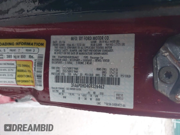 2016 Ford Fusion SE с VIN 3FA6P0HD4GR326462, выставлен на аукционе IAAI как лот 41458129 с пробегом 76 651 миль миль и . История ставок и продаж доступна на DreamBid. Изображение 9.