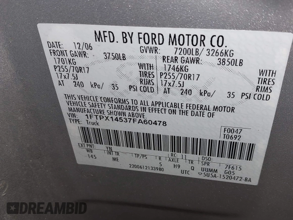 2007 Ford F-150 XLT with VIN 1FTPX14537FA60478, listed as a IAAI auction lot 42483817 with 100,510 mi miles and . Bid and sale history available at DreamBid. Image 9.