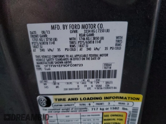 2013 Ford F-150 XL with VIN 1FTFW1EF9DFD38723, listed as a Copart auction lot 83895324 with 175,651 mi miles and Non Repairable. Bid and sale history available at carsss.com. Image 12.
