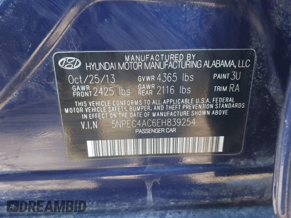 2014 Hyundai Sonata SE with VIN 5NPEC4AC6EH839254, listed as a IAAI auction lot 41531077 with 190,000 mi miles and . Bid and sale history available at DreamBid. Image 9.