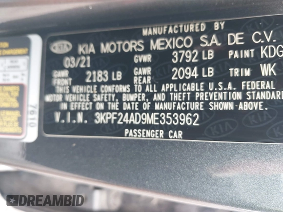 2021 Kia Forte FE with VIN 3KPF24AD9ME353962, listed as a IAAI auction lot 42108069 with 63,827 mi miles and . Bid and sale history available at carsss.com. Image 9.