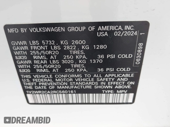 2024 Volkswagen Atlas SE с VIN 1V2WR2CA2RC560161, выставлен на аукционе IAAI как лот 42047000 с пробегом 16 063 миль миль и . История ставок и продаж доступна на DreamBid. Изображение 9.