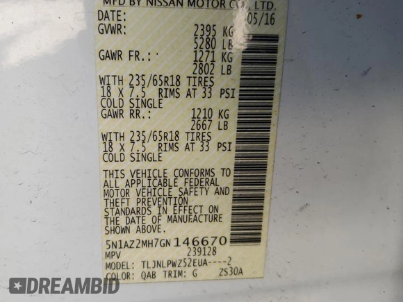 2016 Nissan Murano S z VIN 5N1AZ2MH7GN146670, wystawiony jako Copart lot #54181295 z przebiegiem 104 922 mil mil oraz Szkoda całkowita • Salvage title. Historia ofert i sprzedaży dostępna na DreamBid. Obrazek 13.