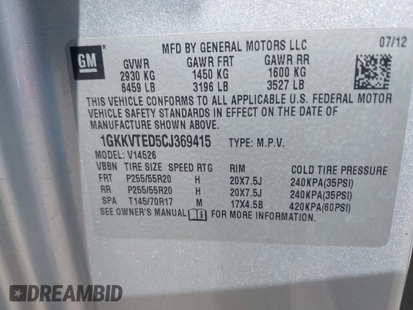 2012 GMC Acadia Denali with VIN 1GKKVTED5CJ369415, listed as a IAAI auction lot 42086763 with 153,468 mi miles. Bid and sale history available at carsss.com. Image 9.