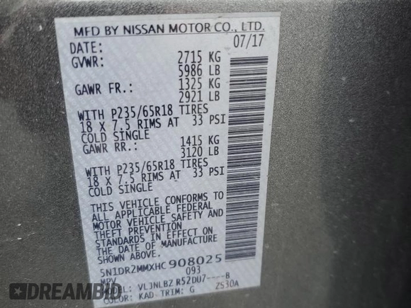 2017 Nissan Pathfinder SL с VIN 5N1DR2MMXHC908025, выставлен на аукционе Copart как лот 65719715 с пробегом 147 897 миль миль и Чистый • Clean title. История ставок и продаж доступна на DreamBid. Изображение 13.
