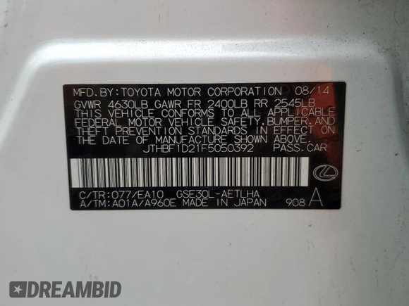 2015 Lexus IS 250 with VIN JTHBF1D21F5050392, listed as a Copart auction lot 63562215 with 101,942 mi miles and Salvage title. Bid and sale history available at DreamBid. Image 13.