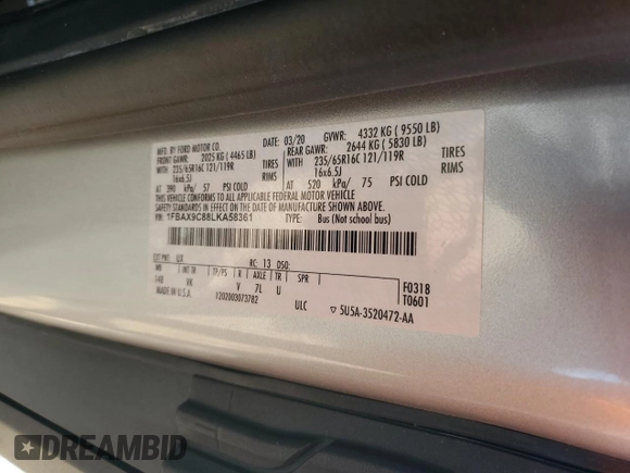 2020 Ford Transit Passenger XL with VIN 1FBAX9C88LKA58361, listed as a Copart auction lot 59752994 with 25,899 mi miles and Salvage Title. Bid and sale history available at DreamBid. Image 14.