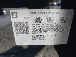 2020 Chevrolet Impala Premier with VIN 1G1105S3XLU115767, listed as a IAAI auction lot 41849228 with 6,818 mi miles. Bid and sale history available at carsss.com. Image 9.