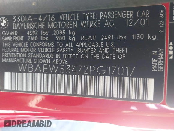 2002 BMW 3 Series 330xi with VIN WBAEW53472PG17017, listed as a IAAI auction lot 42533326 with 97,452 mi miles and . Bid and sale history available at DreamBid. Image 9.