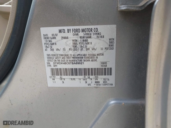 2007 Ford Edge SEL with VIN 2FMDK48C67BA89921, listed as a IAAI auction lot 42073722 with 270,000 mi miles. Bid and sale history available at carsss.com. Image 9.