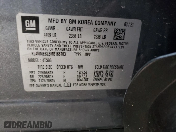 2021 Buick Encore GX Select with VIN KL4MMESL8MB166703, listed as a Copart auction lot 60506065 with 24,037 mi miles and Non repairable. Bid and sale history available at DreamBid. Image 13.