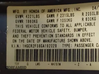 2016 Honda Accord Sport with VIN 1HGCR2F56GA192029, listed as a IAAI auction lot 42370827 with 76,679 mi miles and . Bid and sale history available at DreamBid. Image 9.