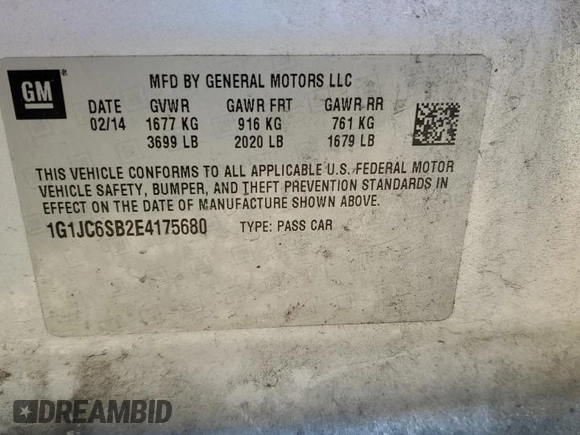 2014 Chevrolet Sonic LT with VIN 1G1JC6SB2E4175680, listed as a Copart auction lot 44746565 with 137,570 mi miles and Salvage Title. Bid and sale history available at carsss.com. Image 13.