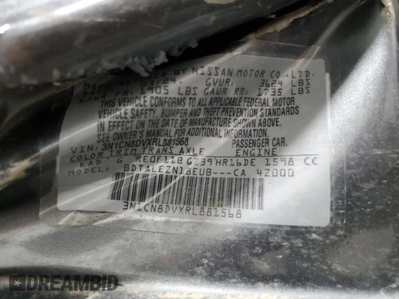 2024 Nissan Versa S с VIN 3N1CN8DVXRL881568, выставлен на аукционе Copart как лот 49678335 с пробегом Не указан миль и На запчасти • Non repairable. История ставок и продаж доступна на DreamBid. Изображение 13.