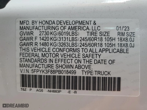 2023 Honda Ridgeline Black Edition with VIN 5FPYK3F88PB018499, listed as a Copart auction lot 85121544 with 11,144 mi miles and Salvage Title. Bid and sale history available at carsss.com. Image 13.