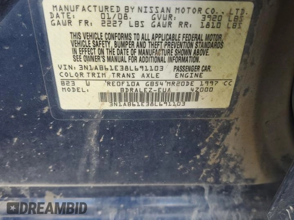 2008 Nissan Sentra S with VIN 3N1AB61E38L691103, listed as a Copart auction lot 58965325 with 175,022 mi miles and Salvage title. Bid and sale history available at DreamBid. Image 13.
