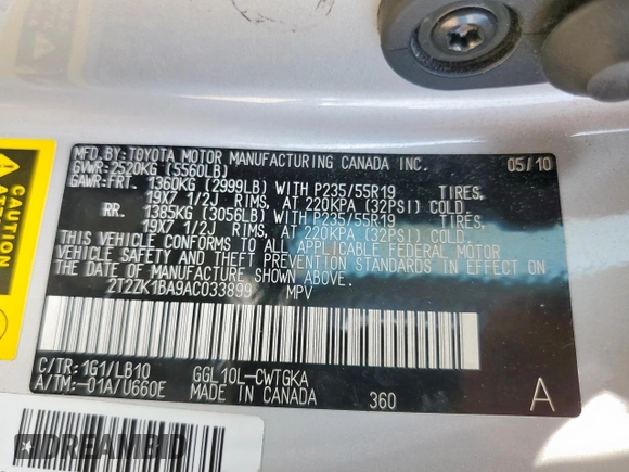 2010 Lexus RX 350 z VIN 2T2ZK1BA9AC033899, wystawiony jako Copart lot #60097375 z przebiegiem 58 397 mil mil oraz Szkoda całkowita • Salvage title. Historia ofert i sprzedaży dostępna na DreamBid. Obrazek 13.