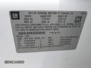 2012 GMC Terrain SLT-2 with VIN 2GKALWEK3C6206986, listed as a IAAI auction lot 42498030 with 179,978 mi miles and . Bid and sale history available at DreamBid. Image 9.