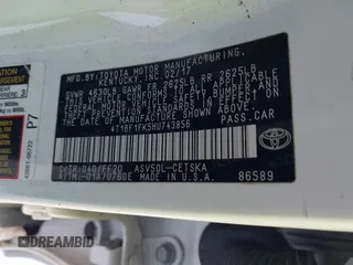 2017 Toyota Camry XLE z VIN 4T1BF1FK5HU743856, wystawiony jako IAAI lot #41297063 z przebiegiem 156 218 mil mil oraz . Historia ofert i sprzedaży dostępna na DreamBid. Obrazek 9.