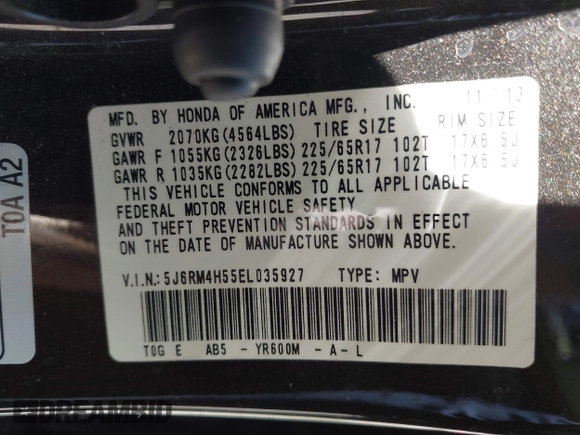 2014 Honda CR-V EX with VIN 5J6RM4H55EL035927, listed as a IAAI auction lot 42297836 with 129,649 mi miles and . Bid and sale history available at DreamBid. Image 9.