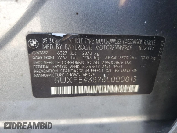 2008 BMW X5 3.0si with VIN 5UXFE43528L000813, listed as a Copart auction lot 42426315 with 147,648 mi miles and Salvage Title. Bid and sale history available at carsss.com. Image 12.