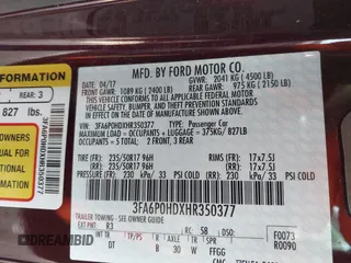 2017 Ford Fusion SE with VIN 3FA6P0HDXHR350377, listed as a IAAI auction lot 42091011 with 109,670 mi miles. Bid and sale history available at carsss.com. Image 9.