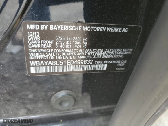 2014 BMW 7 Series 750i with VIN WBAYA8C51ED499832, listed as a Copart auction lot 50968075 with 103,420 mi miles and Clean Title. Bid and sale history available at carsss.com. Image 12.
