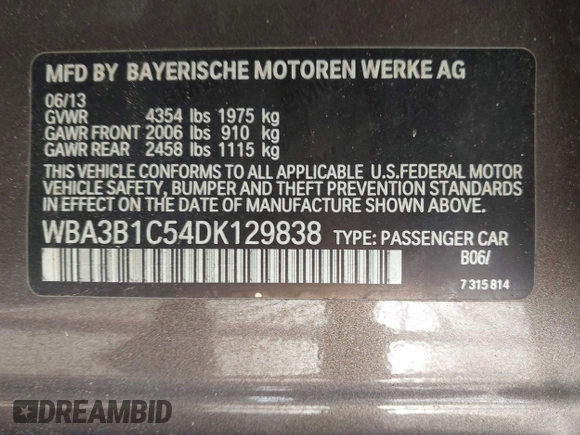 2013 BMW 3 Series 320i with VIN WBA3B1C54DK129838, listed as a IAAI auction lot 42752788 with 95,262 mi miles and . Bid and sale history available at DreamBid. Image 9.