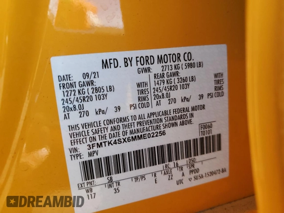 2021 Ford Mustang Mach-E GT z VIN 3FMTK4SX6MME02256, wystawiony jako Copart lot #54113365 z przebiegiem 6 194 mil mil oraz Szkoda całkowita • Salvage title. Historia ofert i sprzedaży dostępna na DreamBid. Obrazek 14.